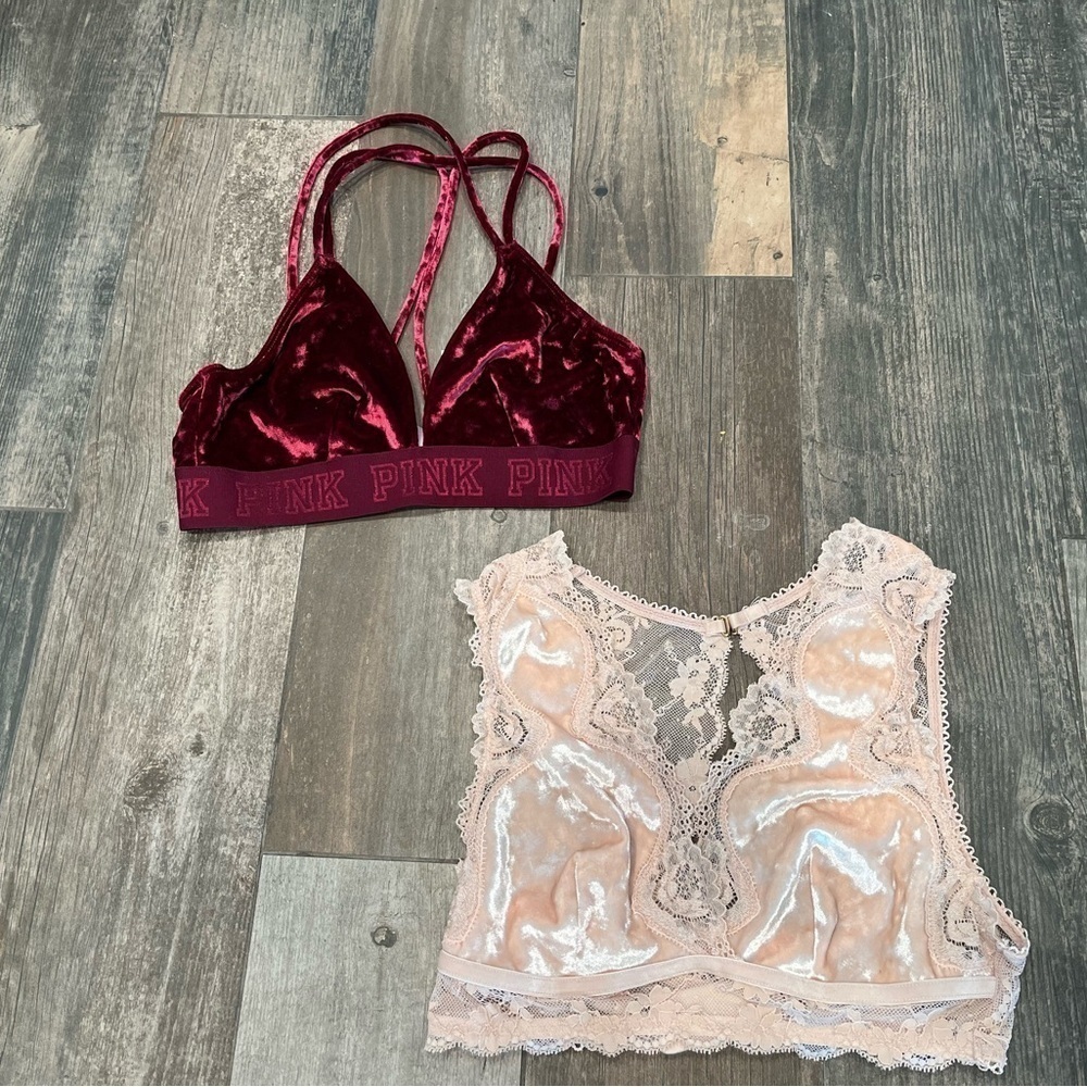 Victoria Secret~ Set Of 2~Dream Angels Pink Velvet Lace & Wine Velvet Bralette